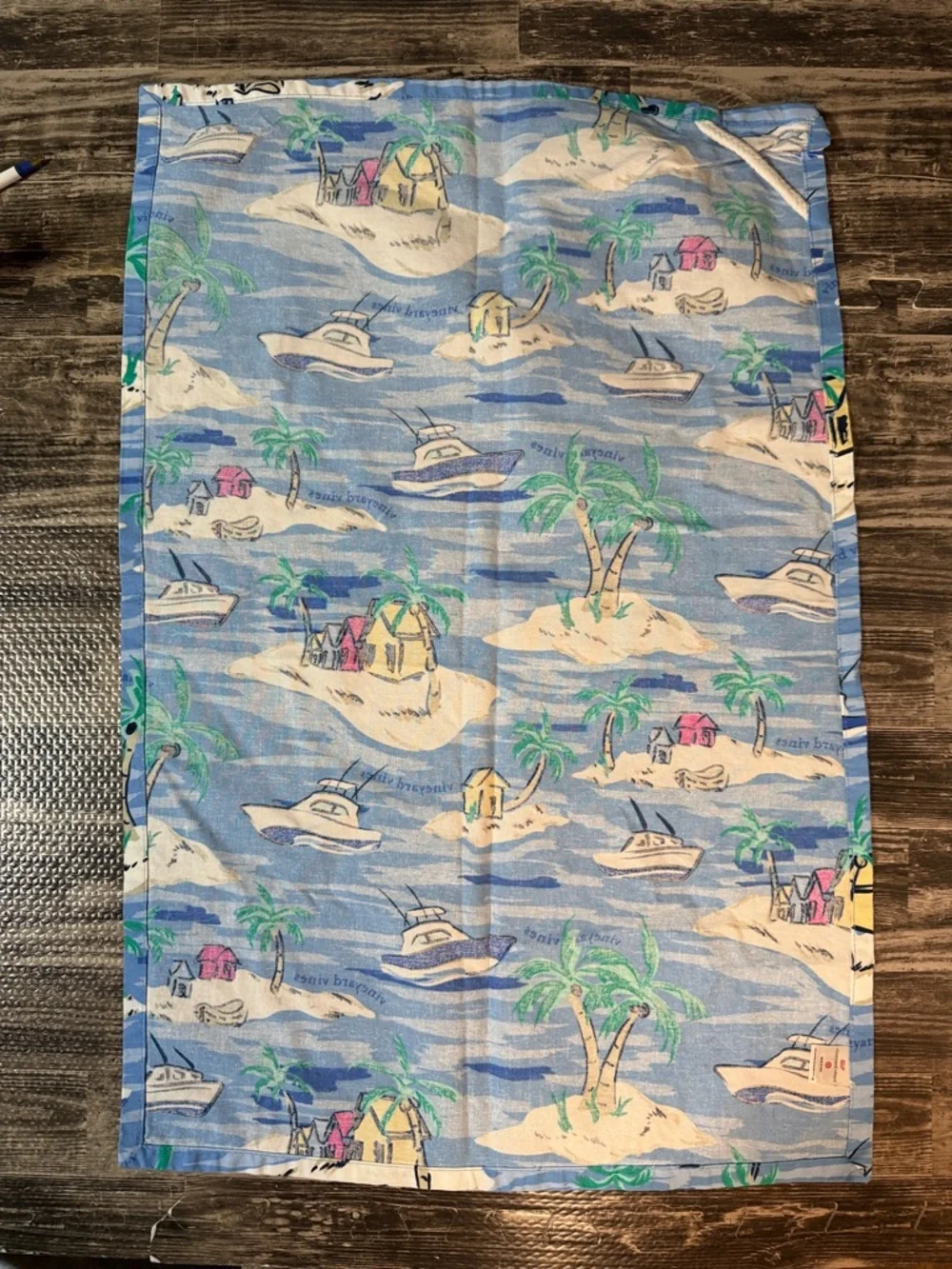 Vineyard Vines Blue Tropical Boat & Palm Print Kitchen Towel Set